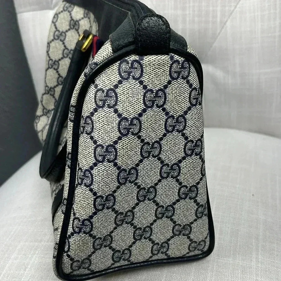 Vintage Gucci Boston Hand Bag Satchel Purse Monogram Navy Canvas Leather - Picture 8 of 16